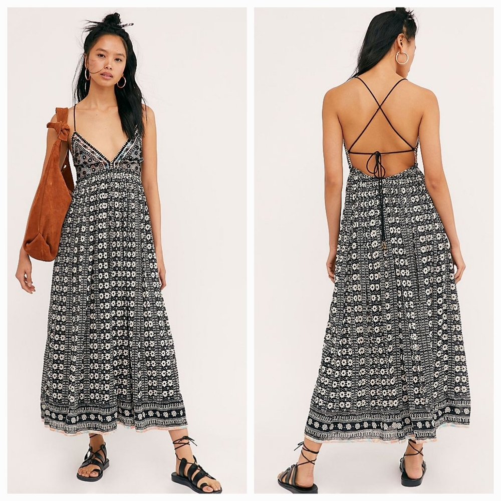 Free People Good Vibes Embroidered Cotton Long Maxi DRESS One Size - Picture 3 of 14
